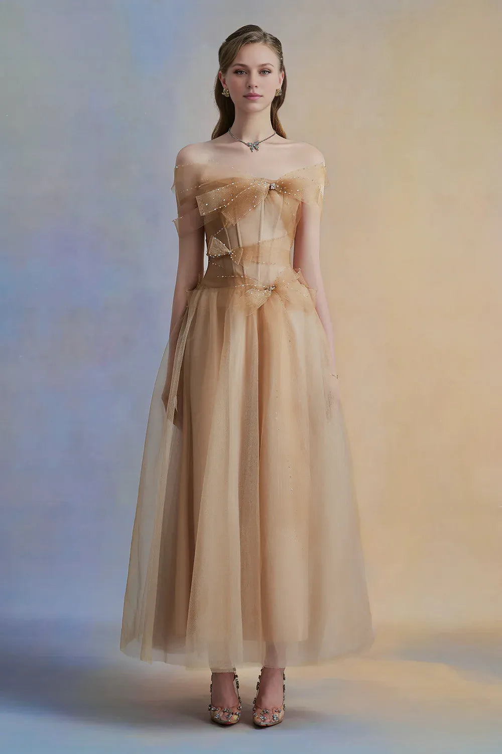 Robe Weitese vintage trapèze taille corset tulle robe mi-longue épaules dénudées plissée nœud papillon robe de soirée